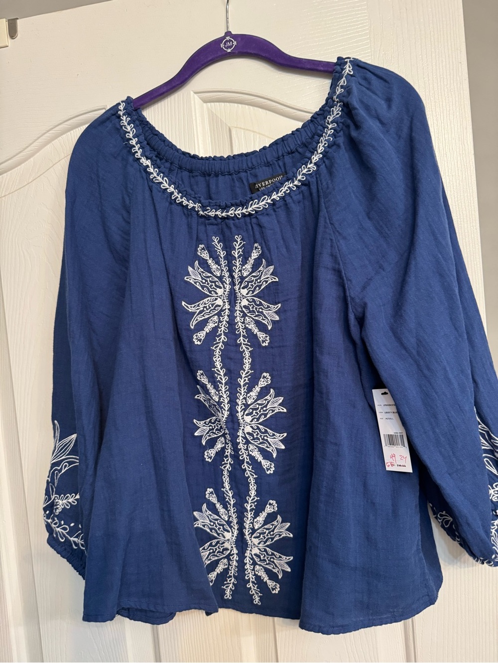 Liverpool Navy Blue Embroidered Peasant Blouse NWT Petite Large